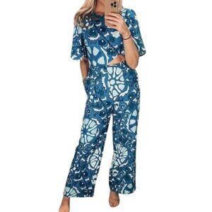 RHODE Zinnia Blue Floral Linen Cut Out Wide Leg Jumpsuit